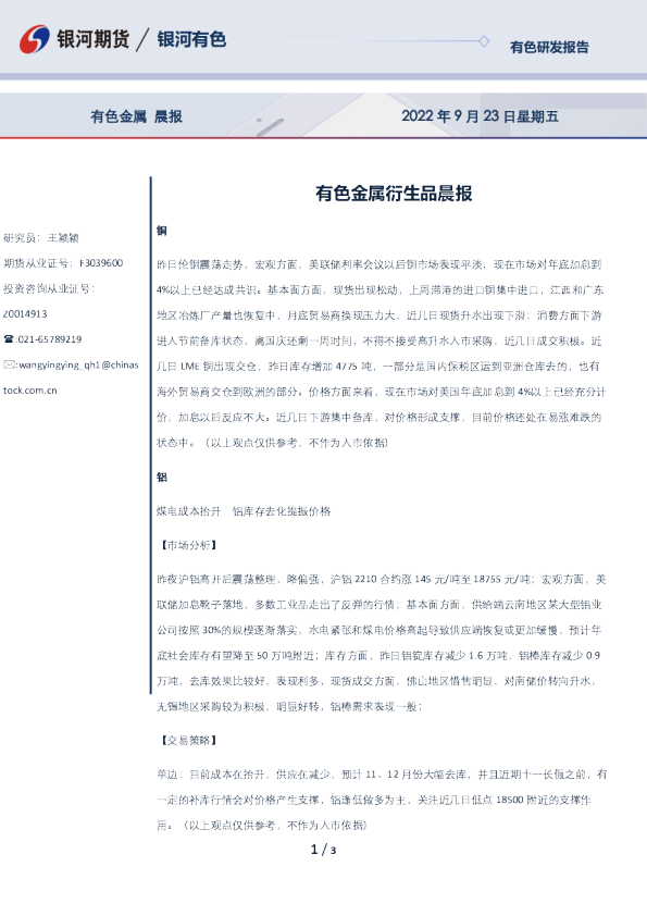 有色金属衍生品晨报