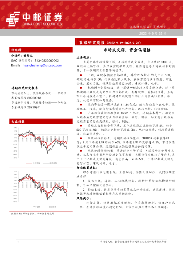 策略研究周报：市场成交弱，资金偏谨慎