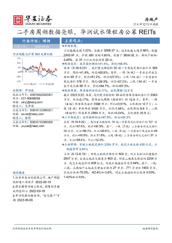 房地产行业周报：二手房周频数据亮眼，华润试水保租房公募REITs