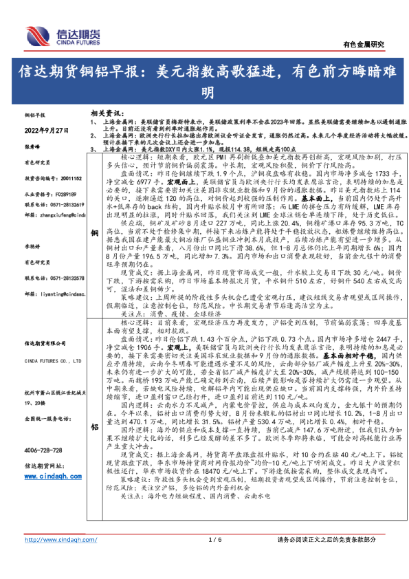 铜铝早报：美元指数高歌猛进，有色前方晦暗难明