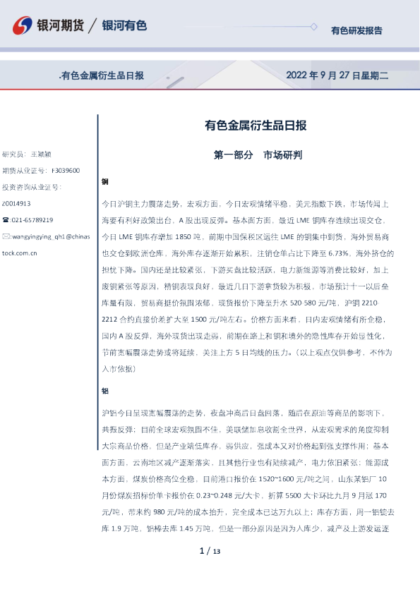 有色金属衍生品日报