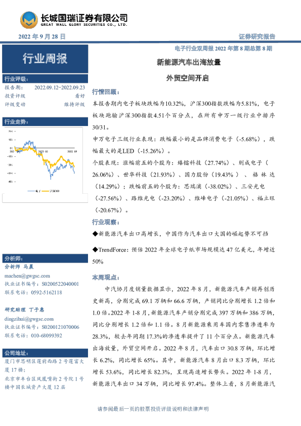电子行业双周报2022年第8期总第8期：新能源汽车出海放量 外贸空间开启