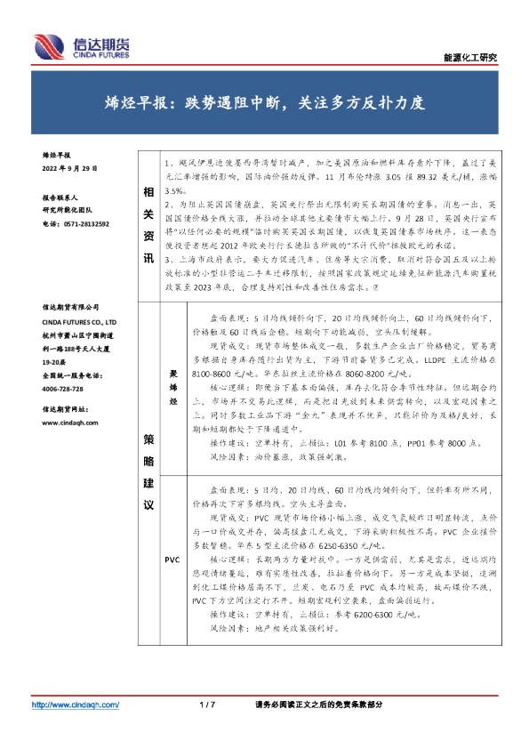 烯烃早报：跌势遇阻中断，关注多方反扑力度
