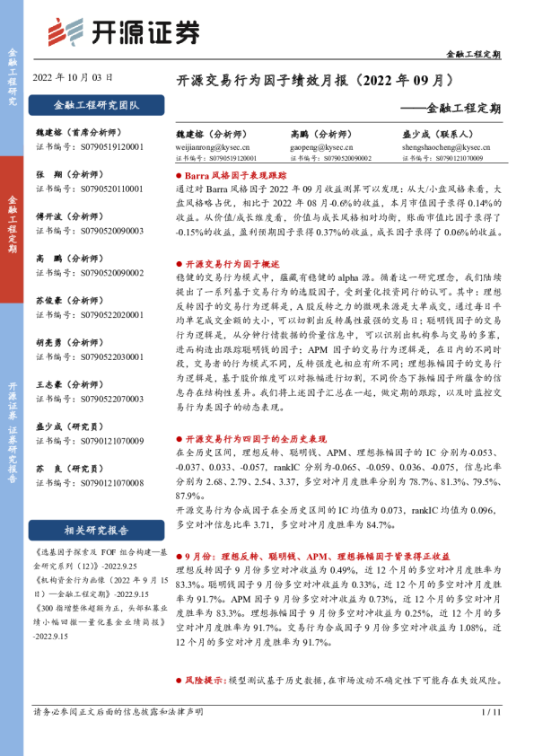 金融工程定期：交易行为因子绩效月报(2022年09月)
