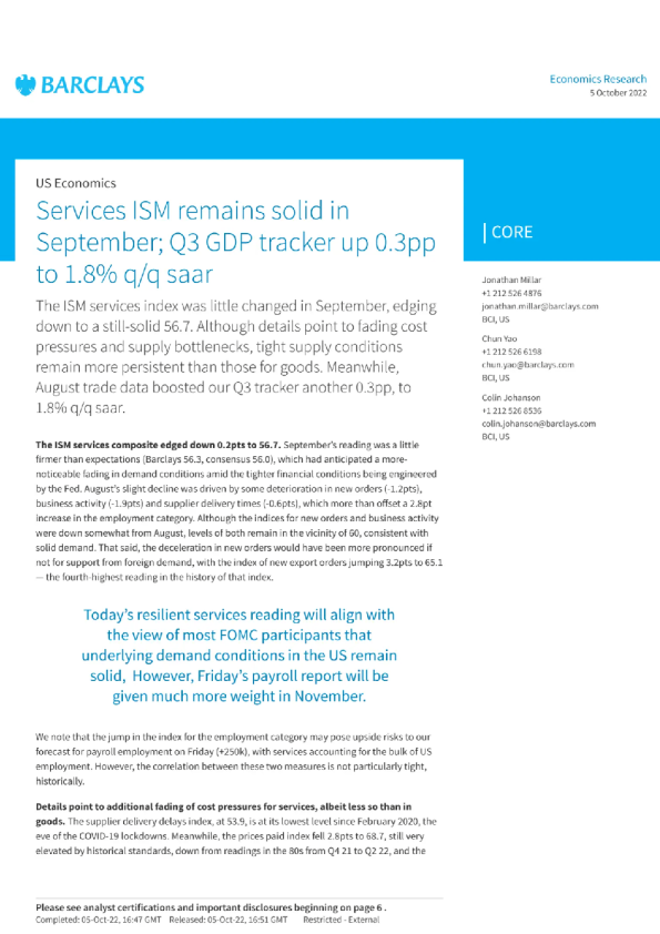 US Economics：services ISM remains solid in September
