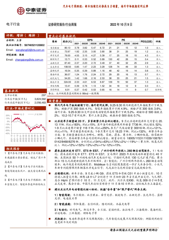 汽车电子周跟踪：新车陆续交付推高9月销量，海外市场假期有所反弹