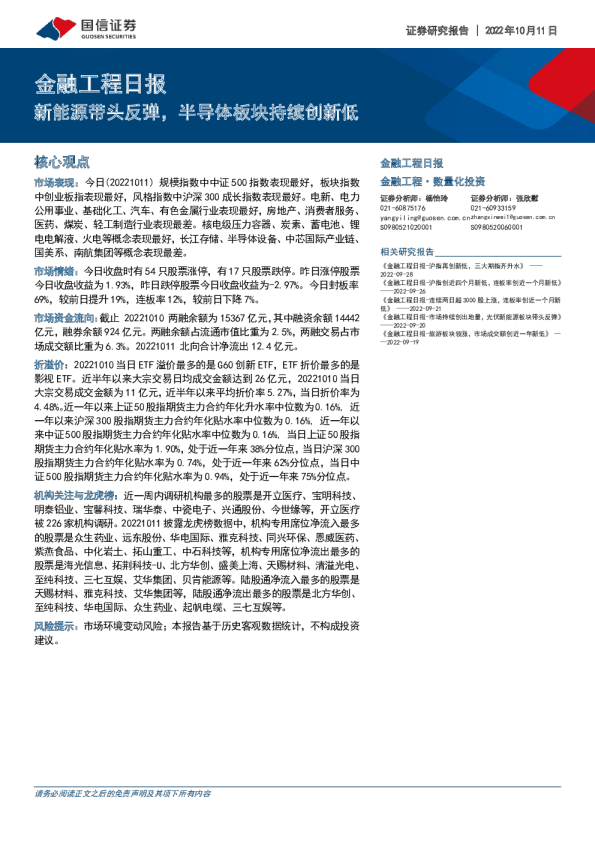 金融工程日报：新能源带头反弹，半导体板块持续创新低