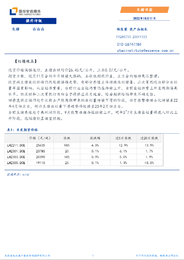 国投安信期货生猪日报