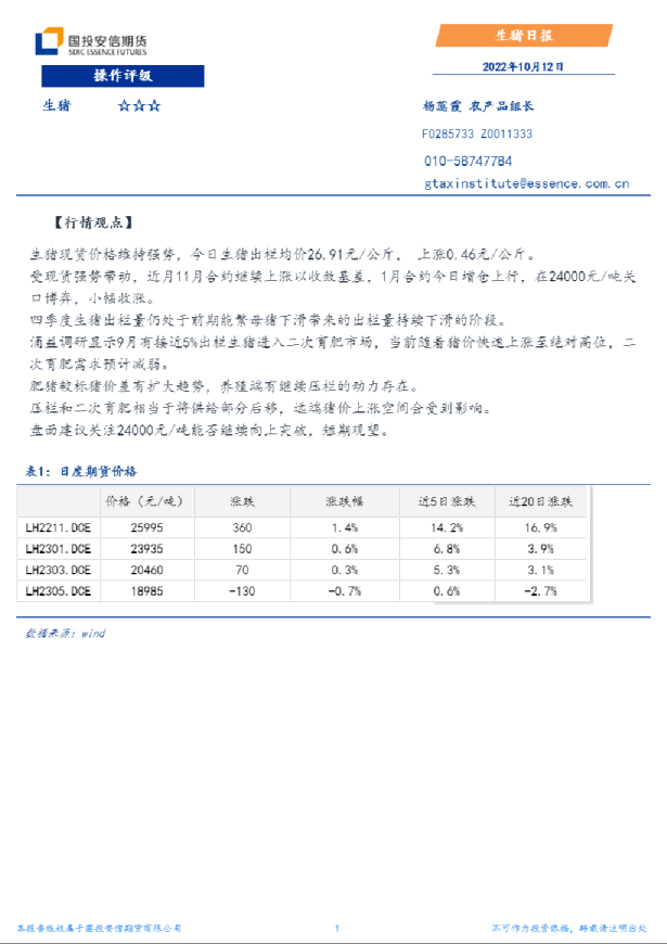 安信期货生猪日报