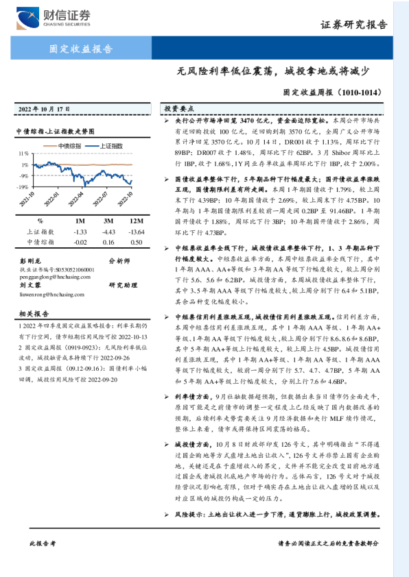 固定收益周报：无风险利率低位震荡，城投拿地或将减少