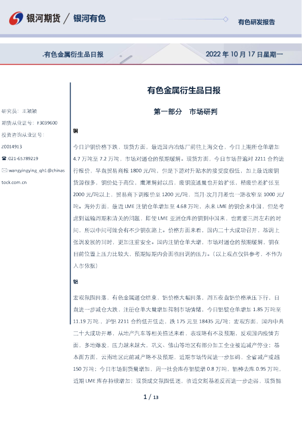 有色金属衍生品日报