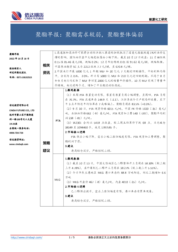 聚酯早报：聚酯需求较弱，聚酯整体偏弱