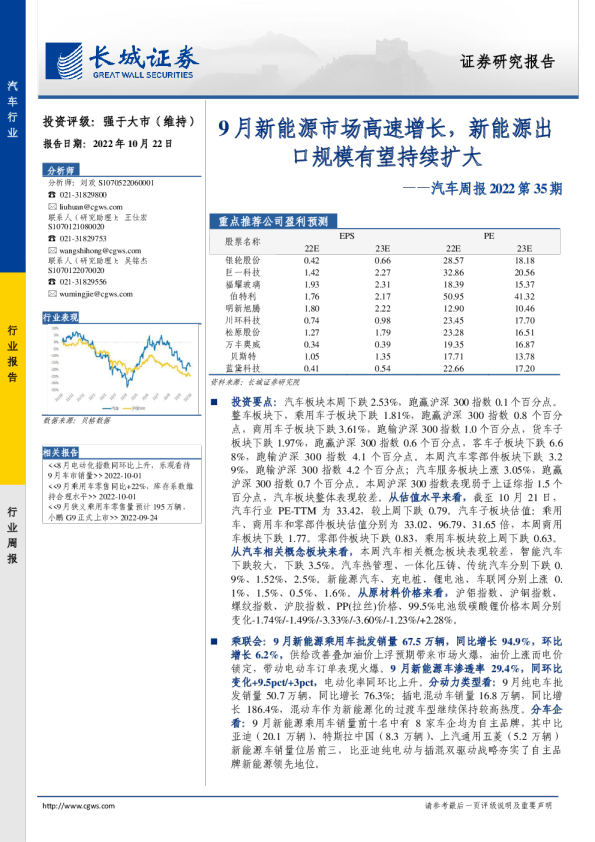 汽车周报2022第35期：9月新能源市场高速增长，新能源出口规模有望持续扩大