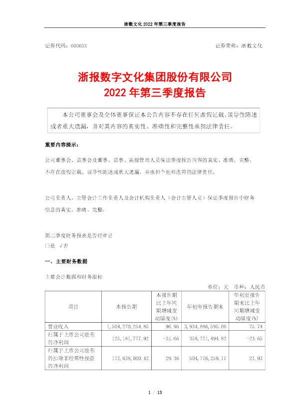 浙数文化：浙数文化2022年第三季度报告