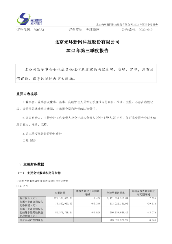 光环新网：2022年三季度报告