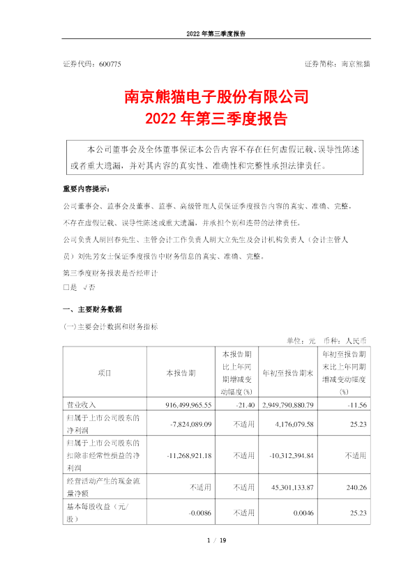 南京熊猫：南京熊猫2022年第三季度报告