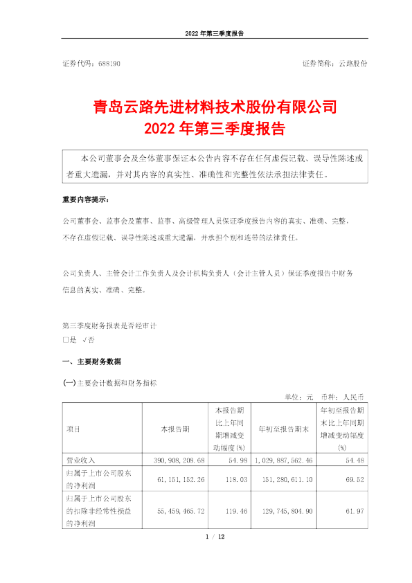 云路股份：2022年三季度报告