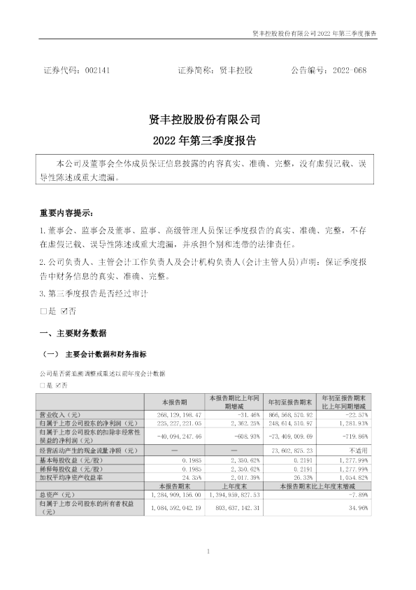 贤丰控股：2022年三季度报告