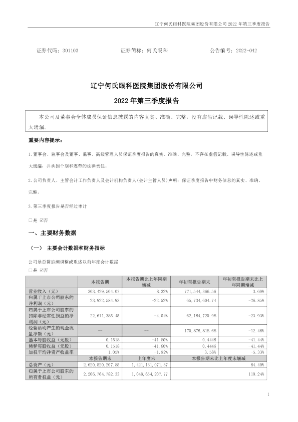 何氏眼科：2022年三季度报告