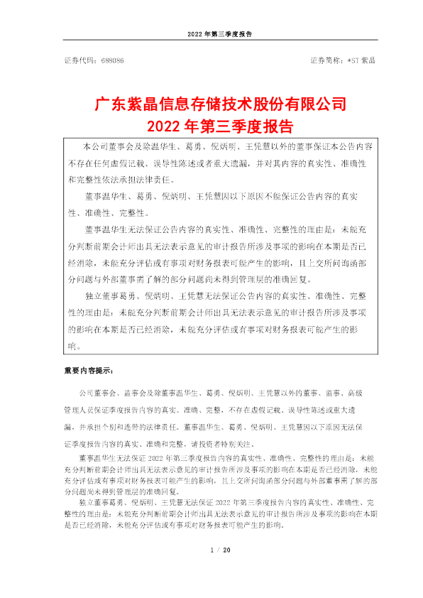 *ST紫晶：2022年第三季度报告