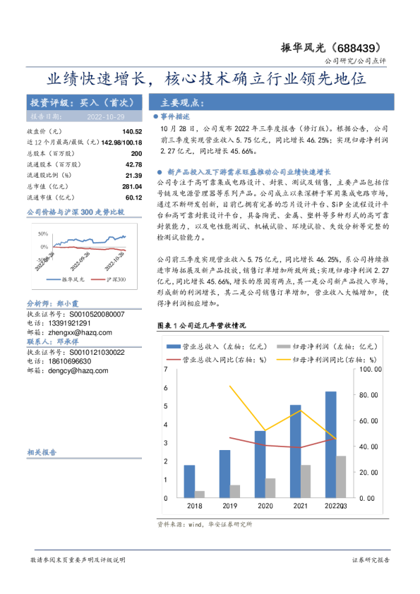 业绩快速增长，核心技术确立行业领先地位