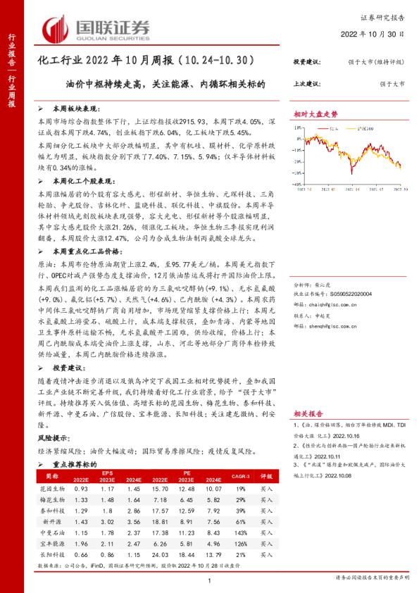 化工行业2022年10月周报