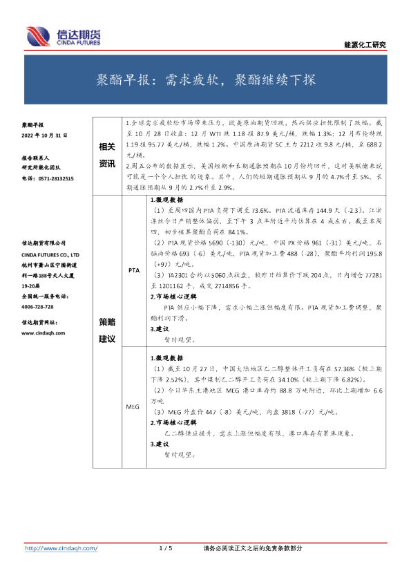 聚酯早报：需求疲软，聚酯继续下探