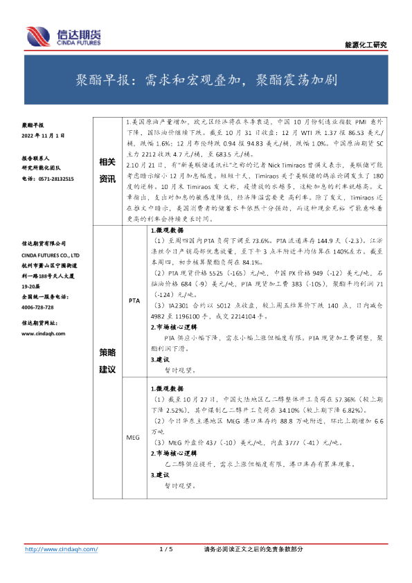 聚酯早报：需求和宏观叠加，聚酯震荡加剧