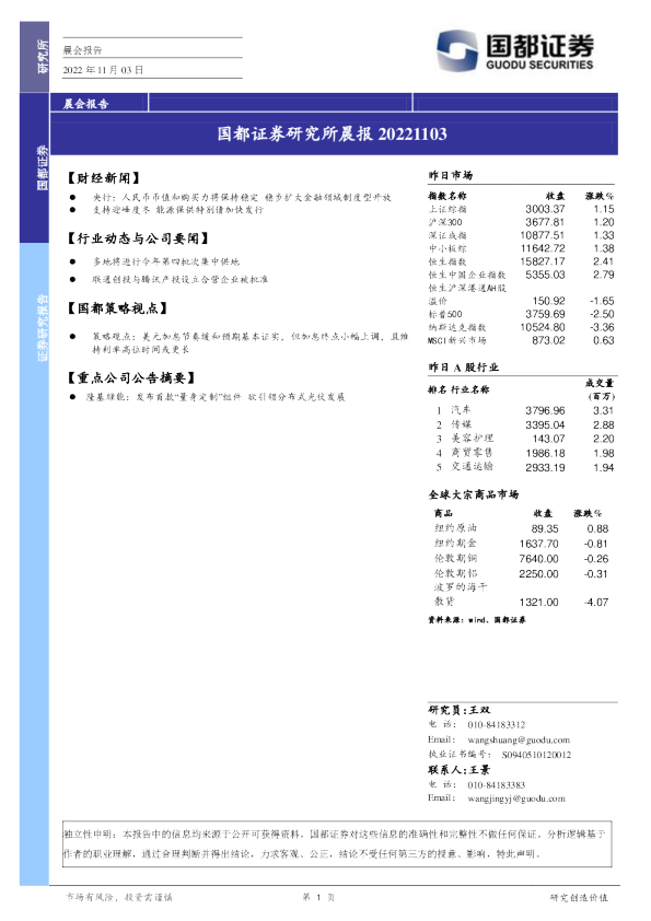 国都证券研究所晨报