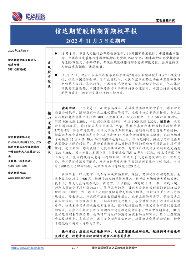 股指期货期权早报