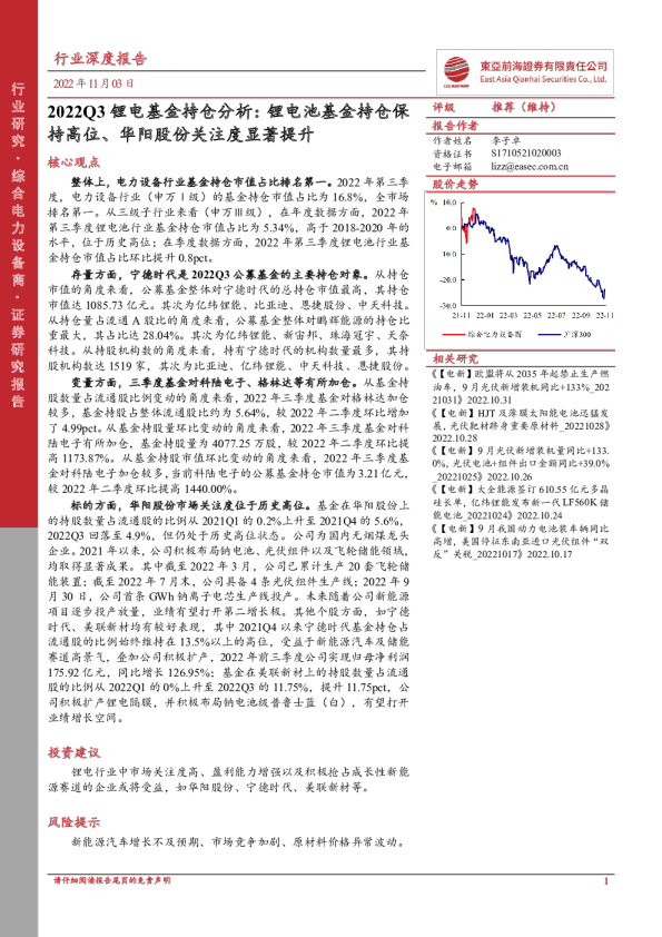 综合电力设备商行业2022Q3锂电基金持仓分析：锂电池基金持仓保持高位、华阳股份关注度显著提升