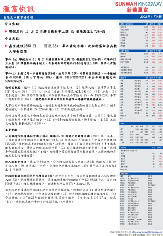 汇富快讯：香港及中国市场日报