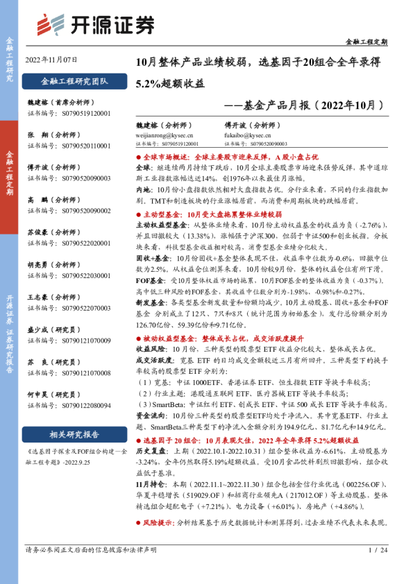 基金产品月报（2022年10月）：10月整体产品业绩较弱，选基因子20组合全年录得5.2%超额收益