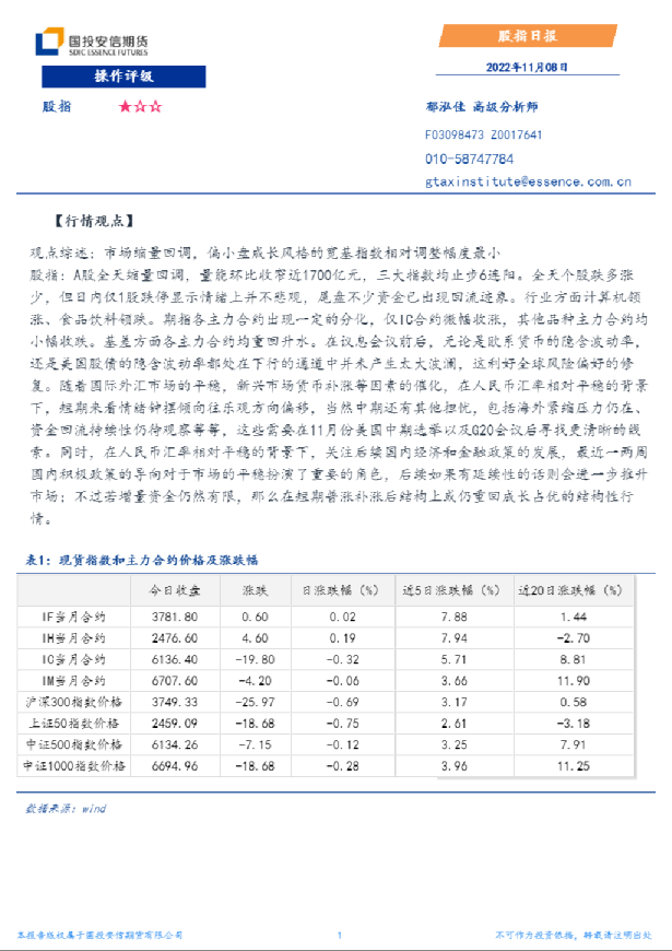 国投安信期货股指日报