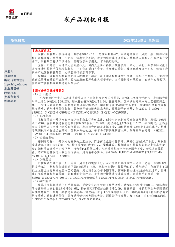 农产品期权日报