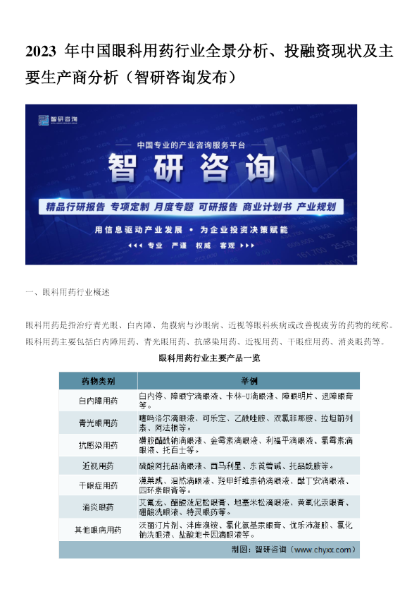 2023年中国眼科用药行业全景分析、投融资现状及主要生产商分析（智研咨询发布）