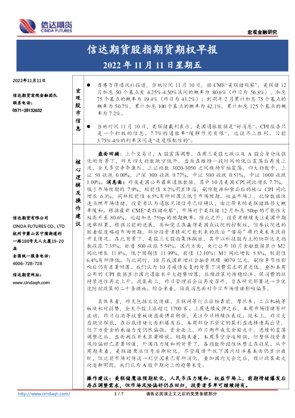 股指期货期权早报