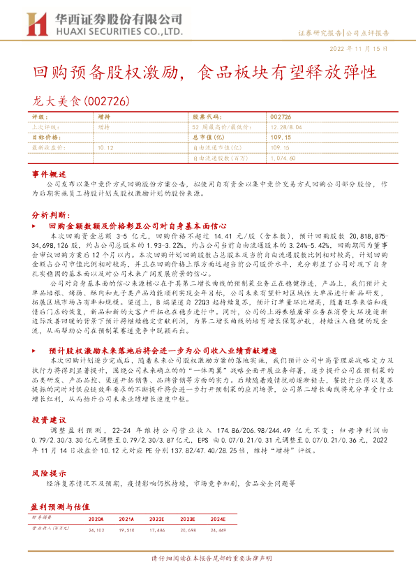 回购预备股权激励，食品板块有望释放弹性