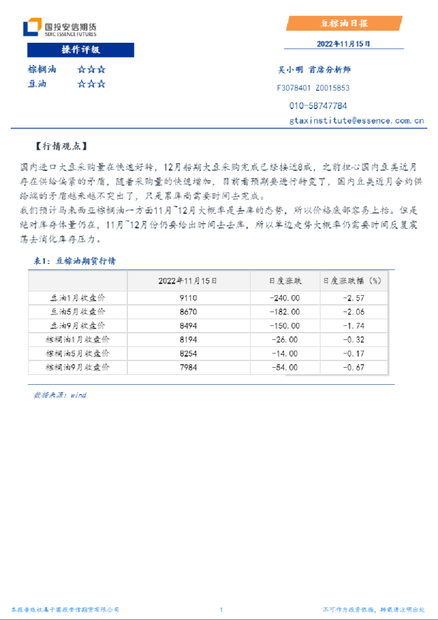 国投安信期货豆棕油日报