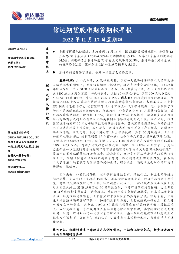 股指期货期权早报