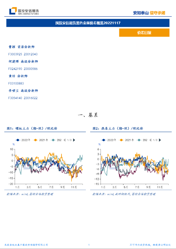 国投安信期货黑色金属价差概览