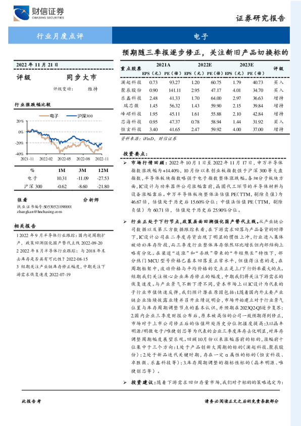 电子行业月度点评：预期随三季报逐步修正，关注新旧产品切换标的