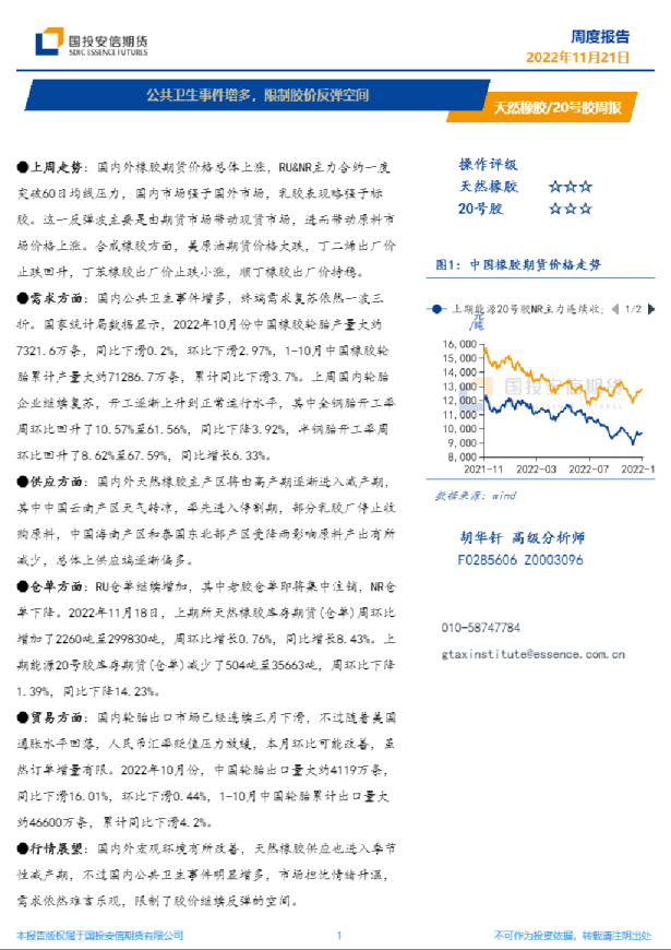 天然橡胶/20号胶周报：公共卫生事件增多，限制胶价反弹空间