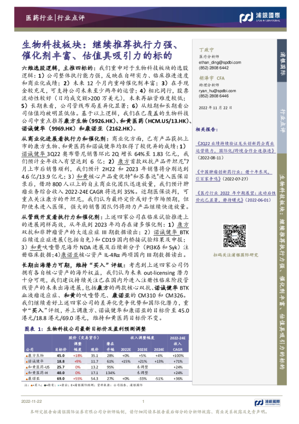 生物科技板块：继续推荐执行力强、催化剂丰富、估值具吸引力的标的