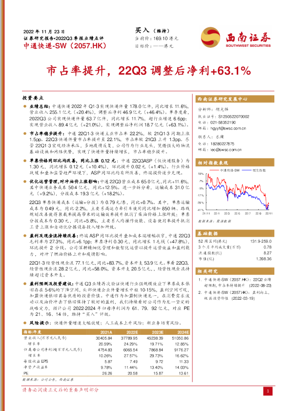 市占率提升，22Q3调整后净利+63.1%