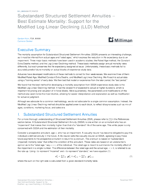 不合标准的结构性结算年金——最佳估计死亡率：支持改进的对数线性递减法