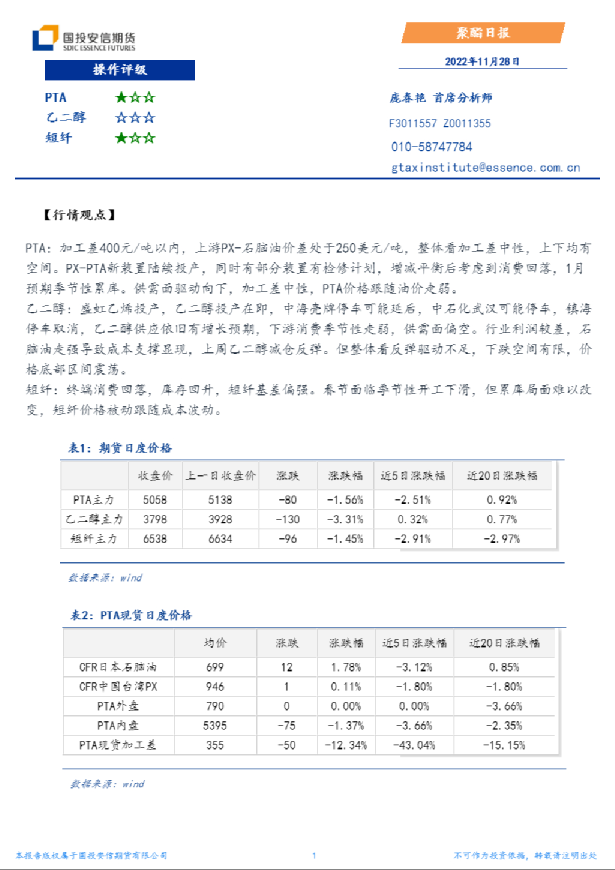 国投安信期货聚酯日报