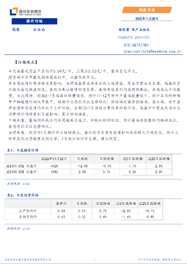 国投安信期货鸡蛋日报