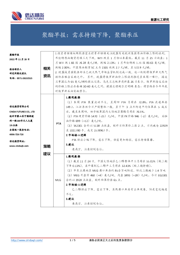 聚酯早报：需求持续下降，聚酯承压