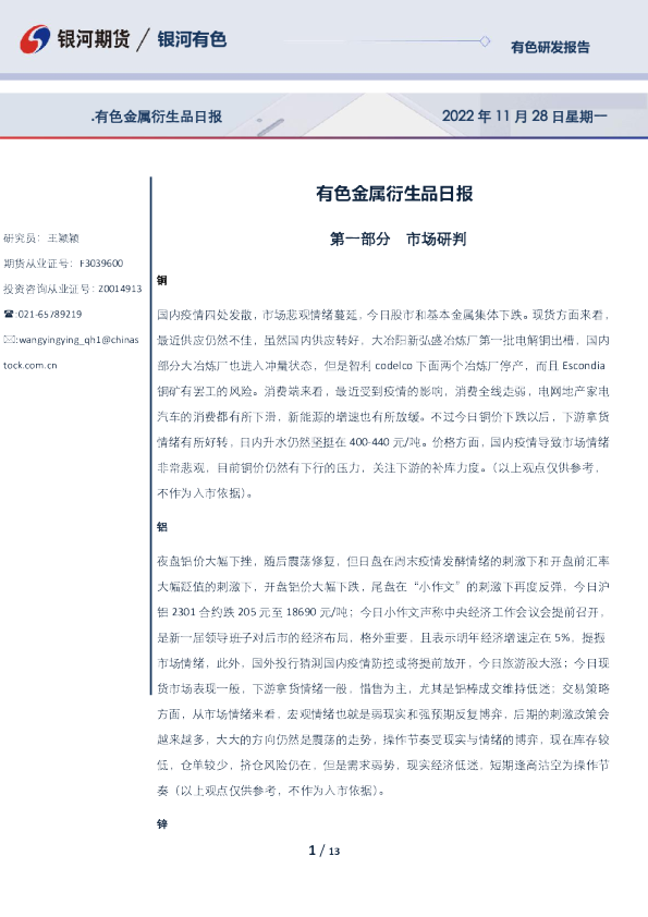 有色金属衍生品日报